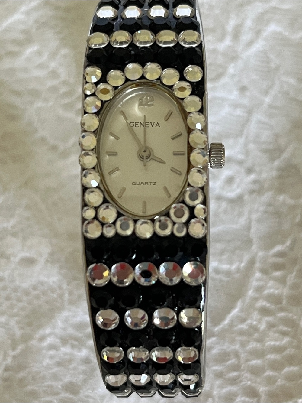 Geneva Black Bangle Watch with Clear Crystal Accents